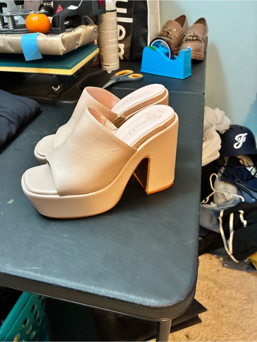 Cream Open-Toe Platform Mules with Block Heel